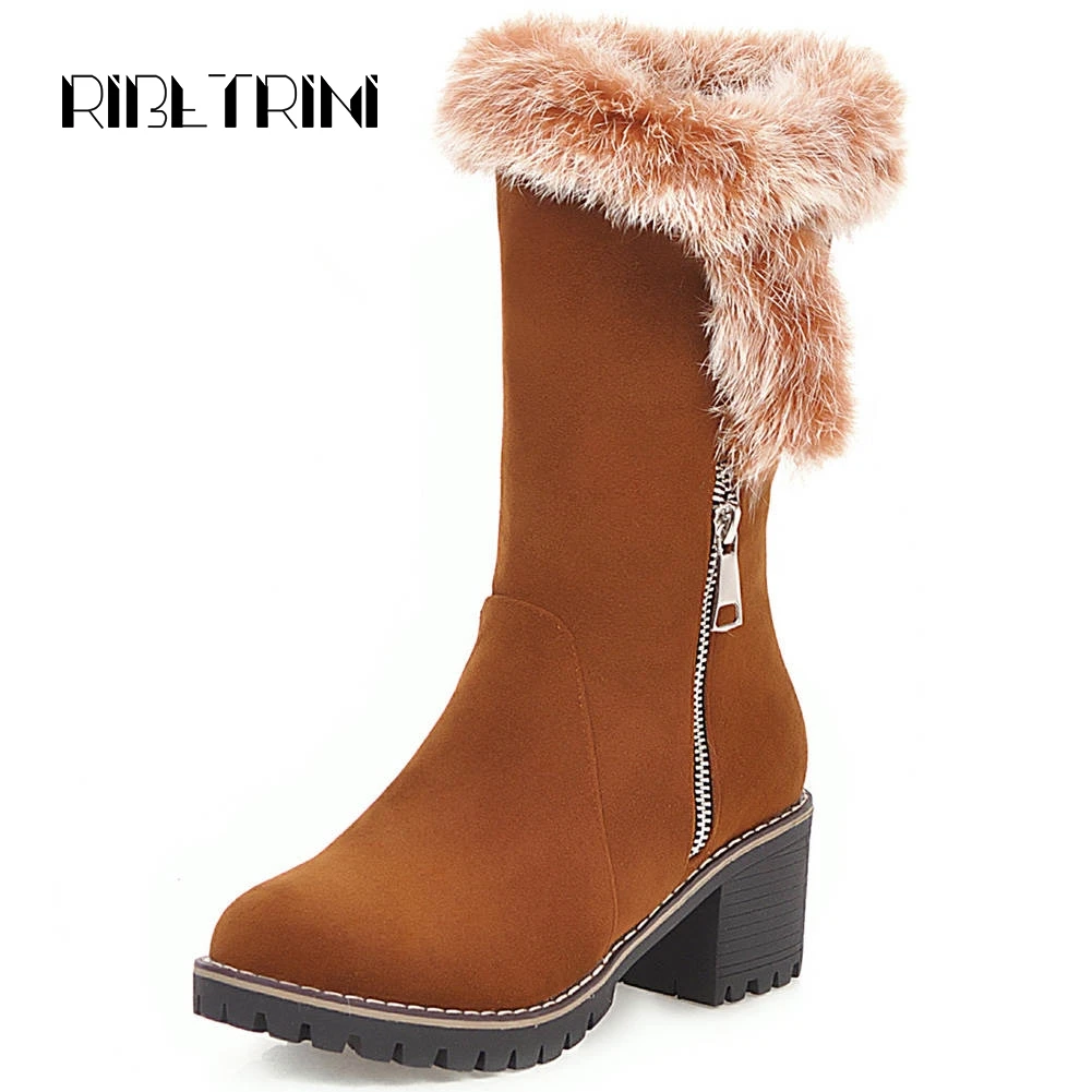 

RIBETRINI Faux Rabbit Hair Mid Calf Boots Women Block Heels Round Toe Platform Winter Fur Shoes Woman Slip On Snow Boots