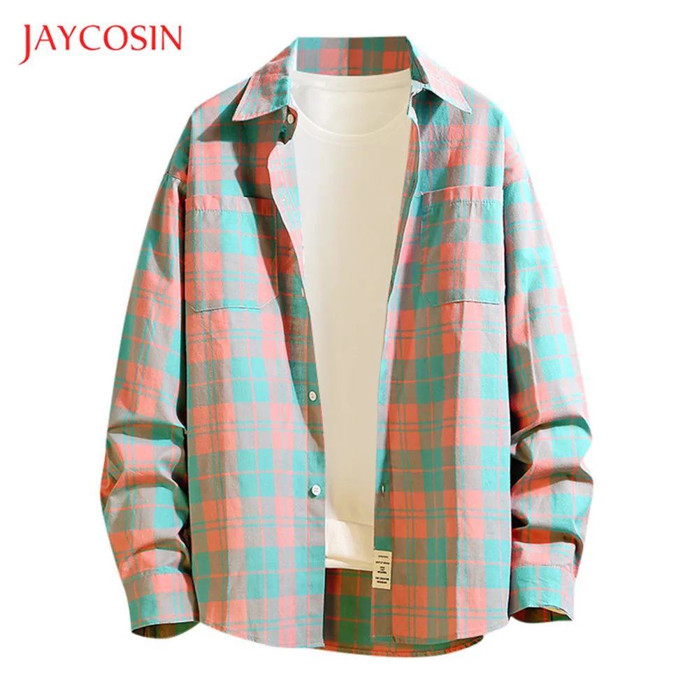 Joycosin зимняя мужская рубашка Повседневная модная мужская одежда MintGreen в клетку с длинным рукавом и карманом на пуговицах с отворотом уличная одежда куртка плюс 5XL
