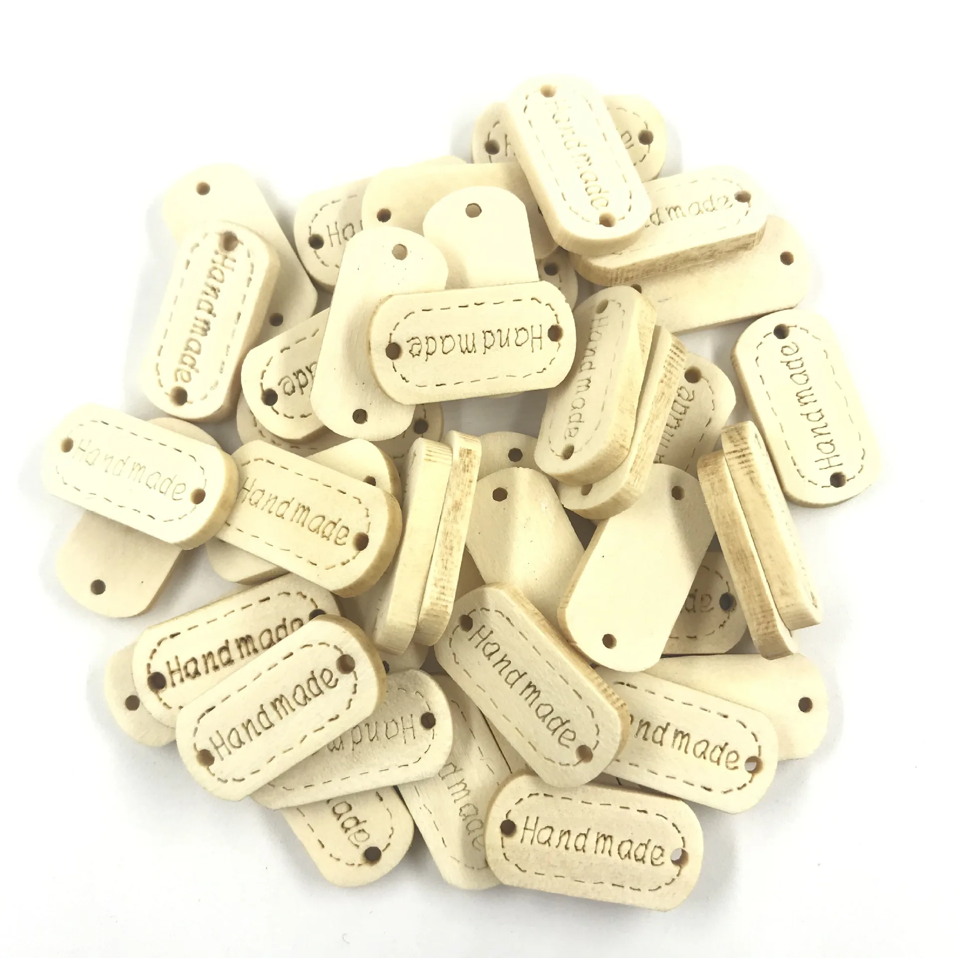 She Love 50Pcs/lot Vintage Handmade Wood Garment Label 23.5x11.5mm Embossed Hand Made Letter Label Tags Diy Sewing Materials