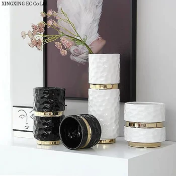 

Simple Nordic Black and White Ceramic Handmade Vase Creative Cylindrical Plastic Art Ornaments Household Plant Pots Decorative