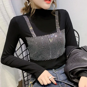 

European Clothes Turtleneck Bright Diamonds T-shirt Women 2019 New Autumn Winter Tops Ropa Mujer Bottoming Shirt Tees T9N804