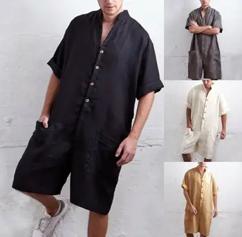 

Mens One Piece Casual Jumpsuit Romper Short Sleeve Linen Street Casual Cargo Pants Overalls Playsuit