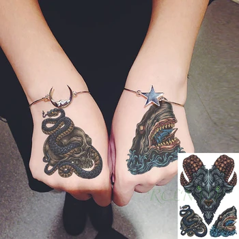 

Waterproof Temporary Tattoo Sticker Sheep Horns Snake In Skull Head Shark Flash Tatoo Fake Tatto Arm Back Arm Art for Men Women
