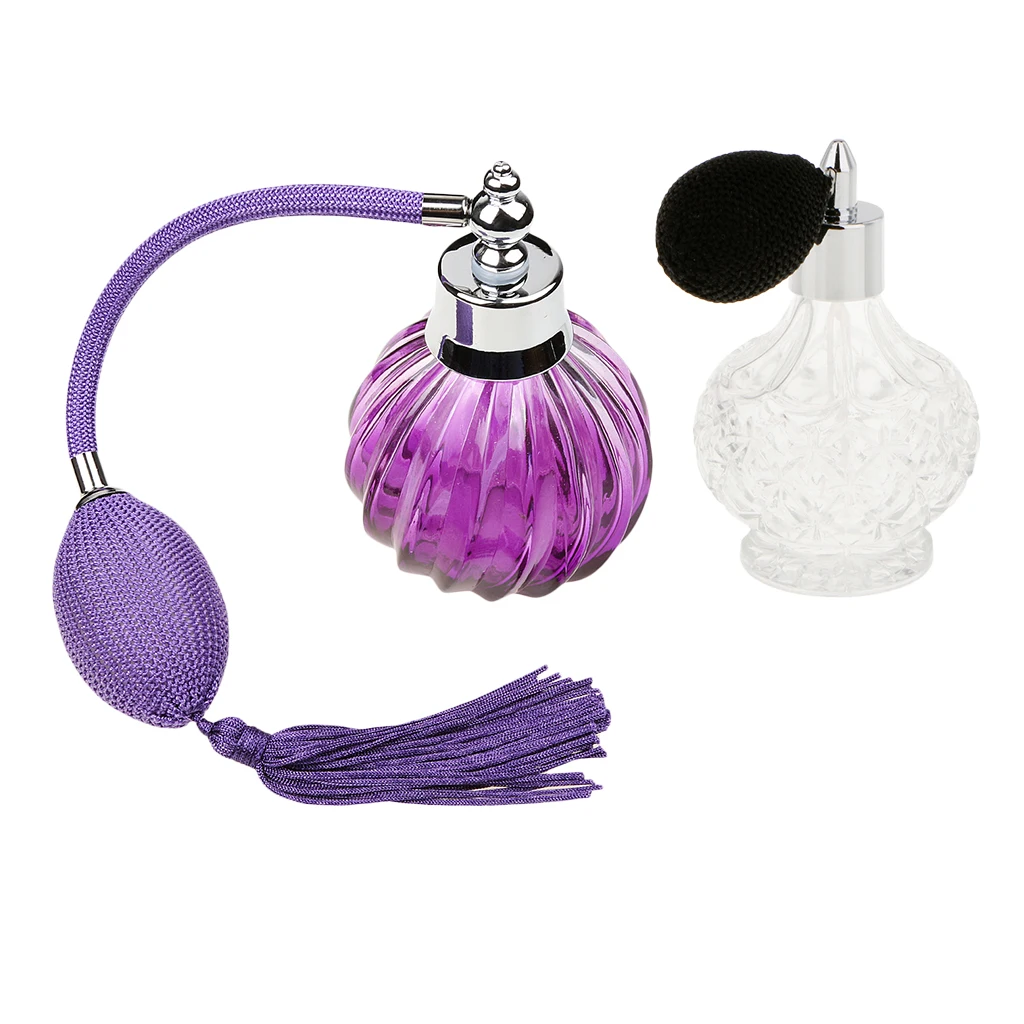 2pcs 100ml/80ml Vintage Refillable Empty Glass Perfume Bottle with Long Atomizer Spray Decor for Home Bathroom Hotel