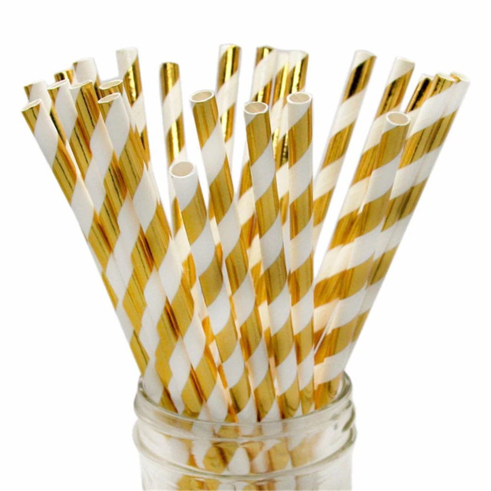  25pcs Striped Gold Foil Paper Straw Stripe Dots Mixed Birthday Party Decoration Adult Wedding Invit - 4.00046E+12