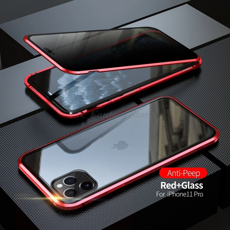 Магнитный металлический чехол из закаленного стекла для телефона для iphone 11 Pro X XR XS Max 7 8 6 S Plus Магнитный антишпионский чехол для iphone чехол - Цвет: Red