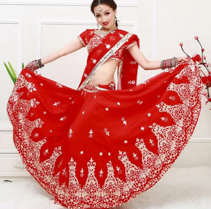 Индийская одежда для выступлений индийский сари женщина девушка красивая вышивка танцевальный костюм Индийский стиль Красный великолепный топ+ юбка+ шарф