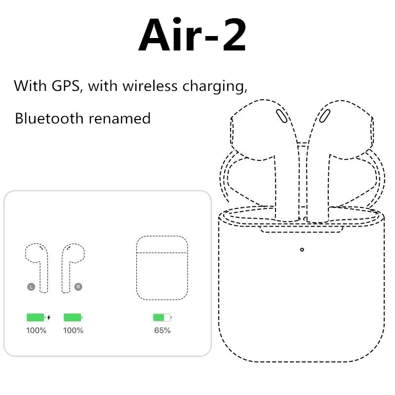 Air2 беспроводные bluetooth air 2 наушники с шумоподавлением настоящая батарея гарнитура с микрофоном с gps, с беспроводной зарядкой