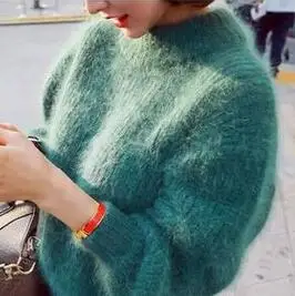 green Pull Femme Nouveaute, Зимний пуловер с высоким воротом, мохер, женские свитера и пуловеры, теплый Свободный пуловер с рукавами-фонариками - Цвет: green