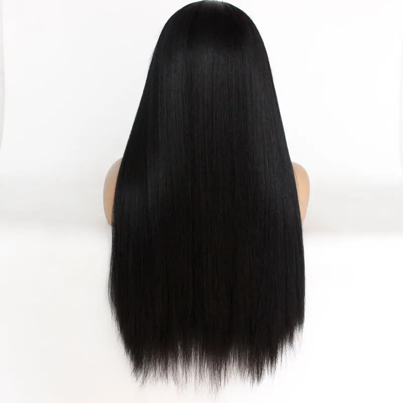Черный яки прямой синтетический парик фронта шнурка Glueless термостойкие волокна волос естественная линия волос средний пробор для женщин парики