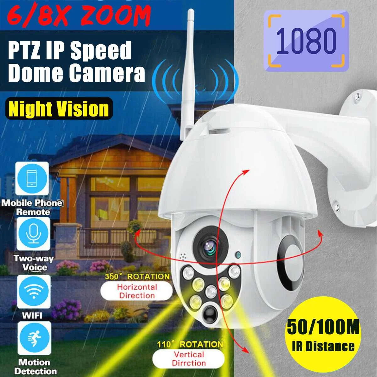  1080P Wireless PTZ IP Camera 8X Digital Zoom Speed Dome Camera Motion tracking Outdoor Indoor WIFI 