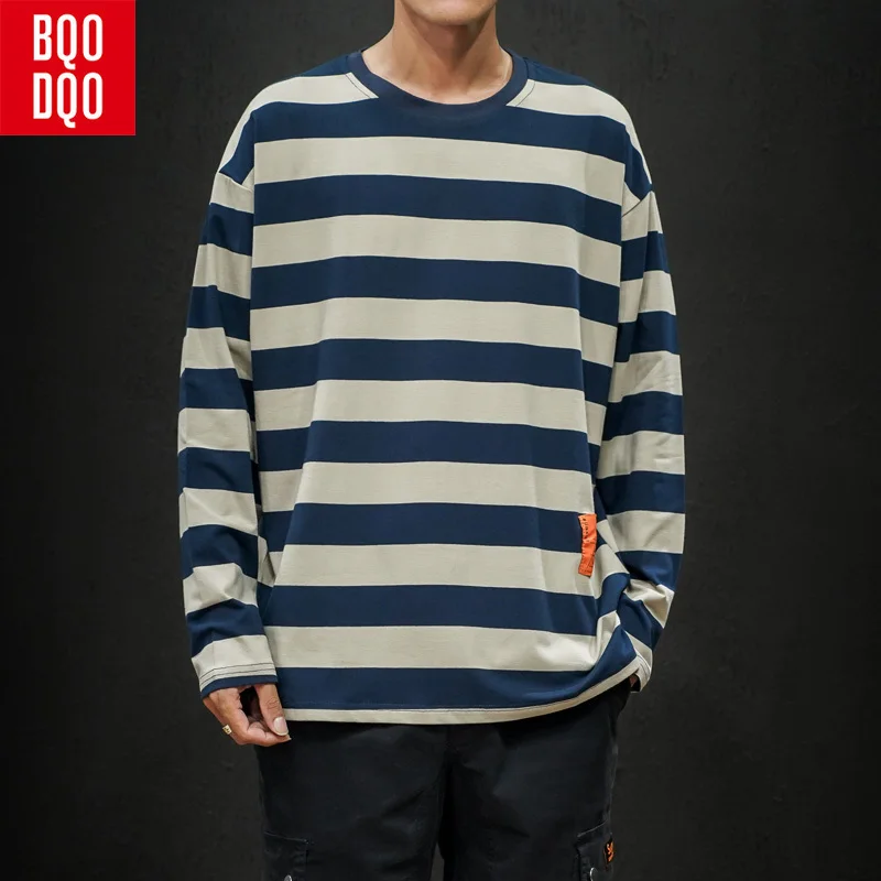 

Striped Autumn Long Sleeve Fitness T Shirts Men Hip Hop Casual Fashion T-shirt Spring Male O-Neck Streetwear Loose Tshirt Cotton