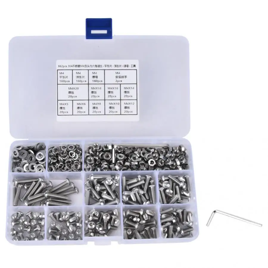 662pcs SUS304 M4 Pan Head Hex Socket Screw Nut Flat Washer Spring Gasket Wrench Repair Kit tornillos