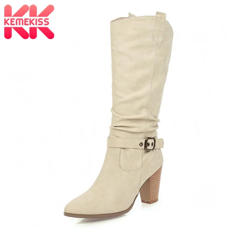 KemeKiss Mid-Calf Boots For Women Fashion Solid Color Thick Heel Shoes Women Buckle Short Boots Casual Mujer Footwear Size 34-47