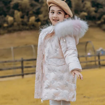 

Fashion winter down jacket for girls printing Long down jacket Fur collar for warmth down jacket for a teenager 6-15 year kids