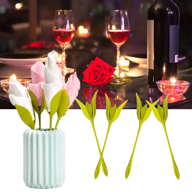 

1/4/6/8pcs Bloom Paper Tissue Holder For Tables Green Stemmed DIY Rose Plastic Twist Flower Buds Serviette Holders Party Decor