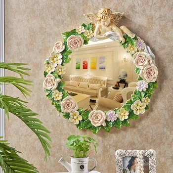 

Retro Cupid Angel Around Rose Wreath Bedroom Dressing Makeup Mirror Bathroom Home Hanging Wall Mirror Decoration Accessories