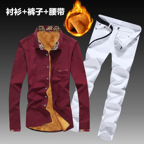 Осенне-зимний мужской комплект из 2 предметов, рубашка с толстой плюшевой подкладкой узкие брюки теплые рубашки для мальчиков, джинсовые брюки верхняя одежда для мужчин, Z3 - Цвет: 15