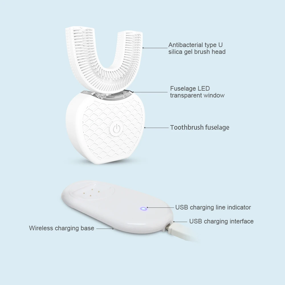 Интеллектуальная автоматическая звуковая электрическая зубная щетка с углом обзора 360 градусов, u-образная 4 режима, зубная щетка, usb зарядка, отбеливание зубов, синий светильник - Цвет: White