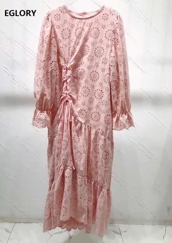 

Top Quality New 2020 Spring Summer Dress Women Allover Hollow Out Embroidery Pleated String Deco Long Sleeve Dress Pink White