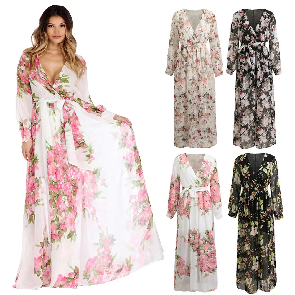 2019 Сексуальное Женское шифоновое макси платье с цветочным принтом глубокий v