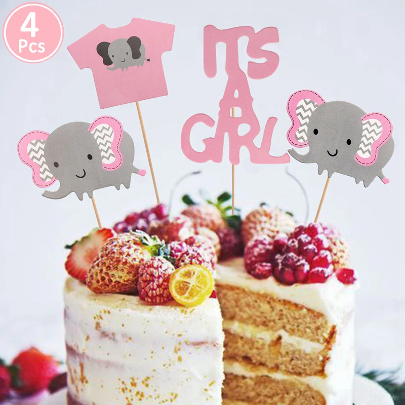 Детский душ торт кекс топперы BabyShower сувениры украшения, товары для вечеринки Его мальчик девочка синий игра слон Oh Baby - Цвет: 4pcs pink elephant