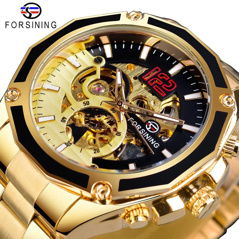 Forsining Transparent Open Work Golden Stainless Steel Mens Automatic Sport Wristwatch Mechanical Skeleton Top Brand Luxury Hour men genuine leather belt metal automatic buckle leather high quality belts for men business work casual strap