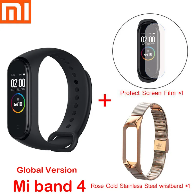 Global mi4 add strap Xiaomi mi Band 4 смарт-браслеты mi band 3 Браслет фитнес-трекер для измерения сердечного ритма сенсорный экран pulsera inteligente - Цвет: Global mi4 add strap