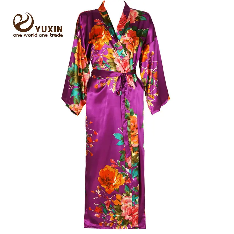 Rose red YUXINBRIDAL длинный большой цветочный халат для невесты свадебное кимоно халат для невесты Атласный халат Ночное Платье Пижама Новинка - Цвет: Rose red