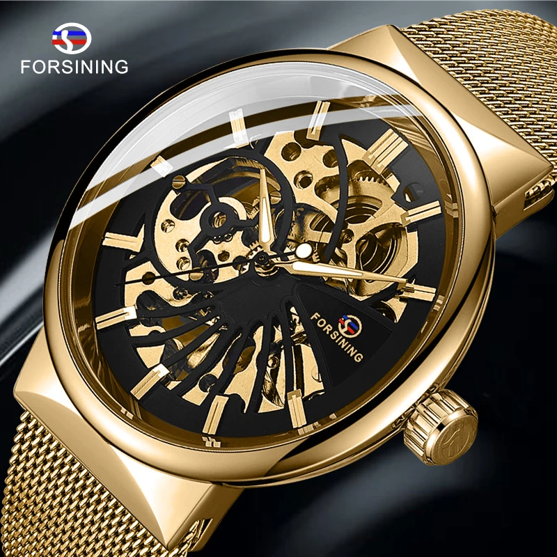 

Forsining Transparent Case 2019 Fashion 3D Logo Engraving Golden Stainless Steel Men Mechanical Watch Top Brand Luxury Skeleton