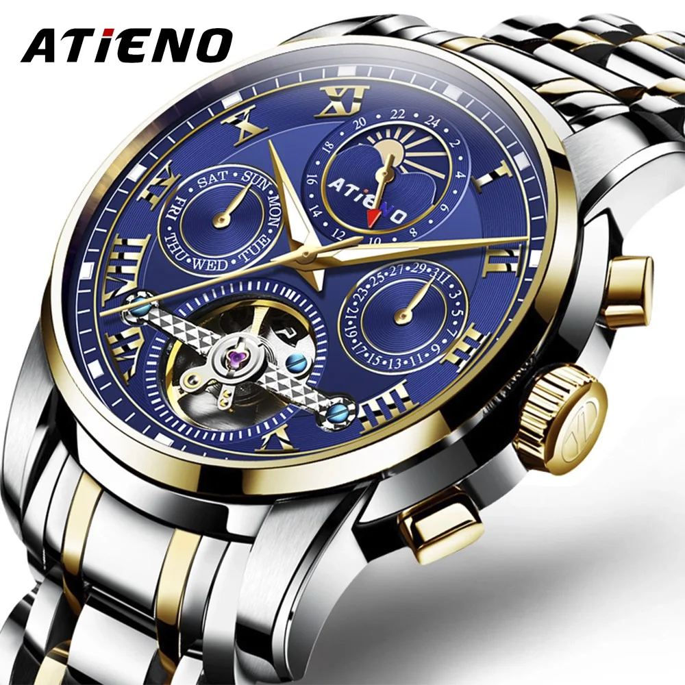 ATIENO Новое поступление Мужские автоматические часы Tourbillion водонепроницаемые из