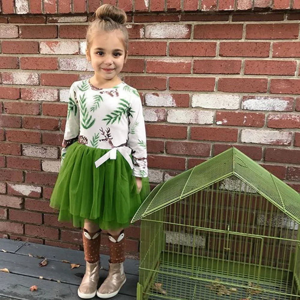 Коллекция года, рождественское детское платье для девочек праздничные платья-пачки с оленем фатиновое платье с длинными рукавами и бантом для девочек Повседневная хлопковая одежда для детей возрастом от 2 до 5 лет