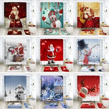 

3D Pattern Waterproof Shower Curtain Toilet Cover Mat Non-Slip Rugs Set Bathroom Decoration Chirstmas Snowman Santa Father Elk