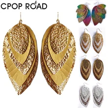 Túi Rút Cpop Năm Lớp Vàng Da PU Bông Tai Nữ Lớn Mới Tuyên Bố Hạt Tòn Ten Bông Tai Chiếc Lá Thời Trang Phụ Kiện Trang Sức Bán Buôn(China)