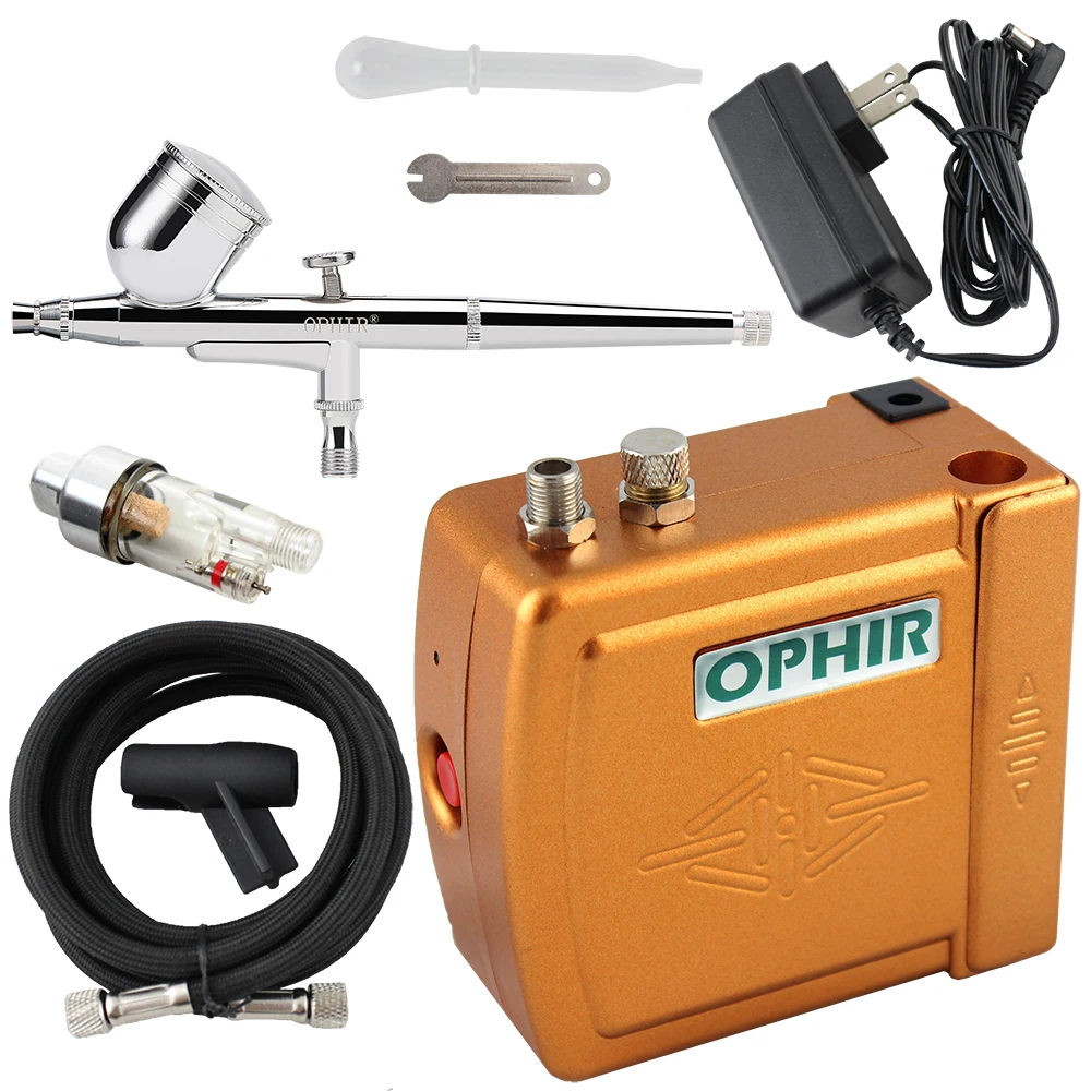 OPHIR 0.3mm Dual-Action Airbrush Kit with Air Compressor for Body Paint Cake Decorating Makeup Hobby Paint_AC003H+004A+011 airbrush kit air compressor portable 7cc 20cc capacity pen set for makeup tattoo nail art face paint cake coloring model