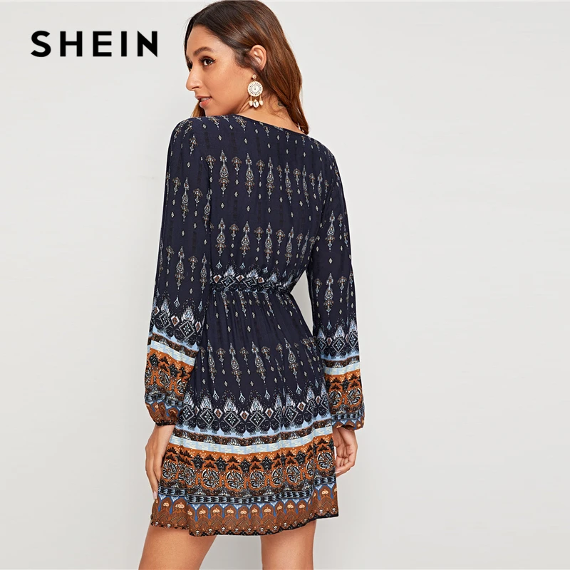 SHEIN темно-синее платье с v-образным вырезом и этническим принтом Boho трапециевидной формы для женщин осенние праздничные короткие платья с рукавом-Бишоп с высокой талией для дам