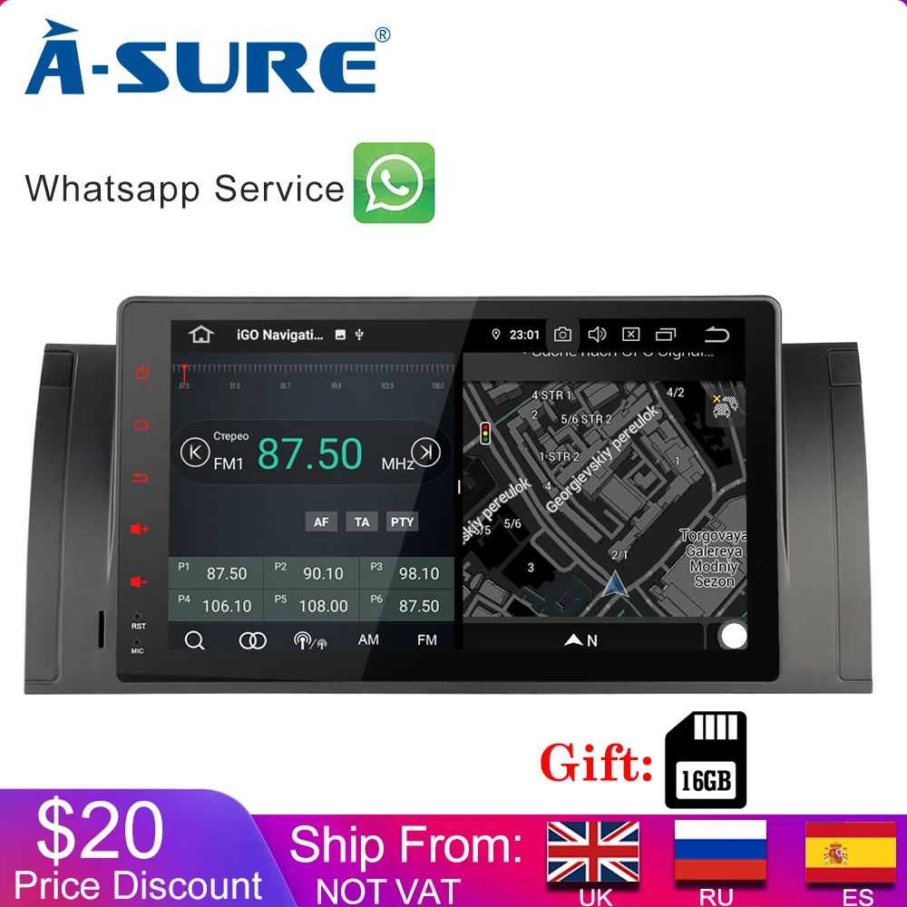 Sale A-Sure 1 Din 8 CORE 4G RAM Android 9.0 Car Auto Radio GPS DVD Navigation For BMW X5 M5 E39 E53 E38 5er 7er Stereo DAB+ WiFi OBD 0