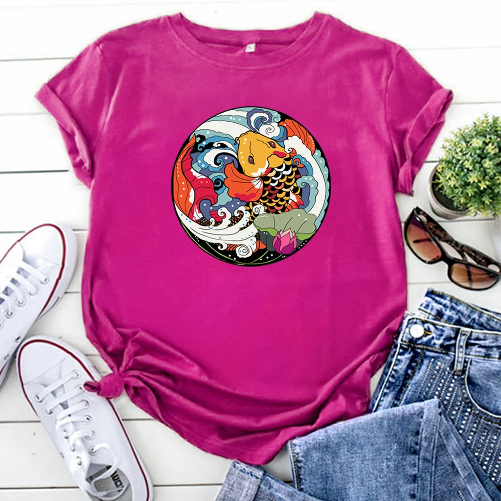 Women T Shirt Cartoon Carp Spit Water Lotus Printing Woman Tshirts Goth Vintage Clothing Oversized Korean T Shirts For Women