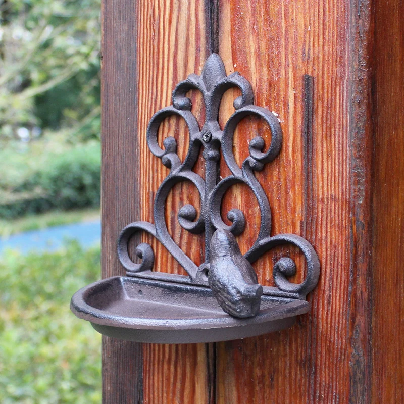 Antique Rustic Cast Iron Wall Bird Feeder Farm House Accents Home Garden Wall Mounted Bird Figurine Metal Key Storage Plate Bowl