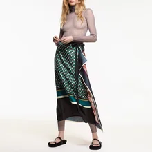 Za Vintage Skirt 2021 Women Elegant Print Wrap Skirts High Waist Simulation Silk Causal Summer Chic Mid-Calf Skirt Streetwear