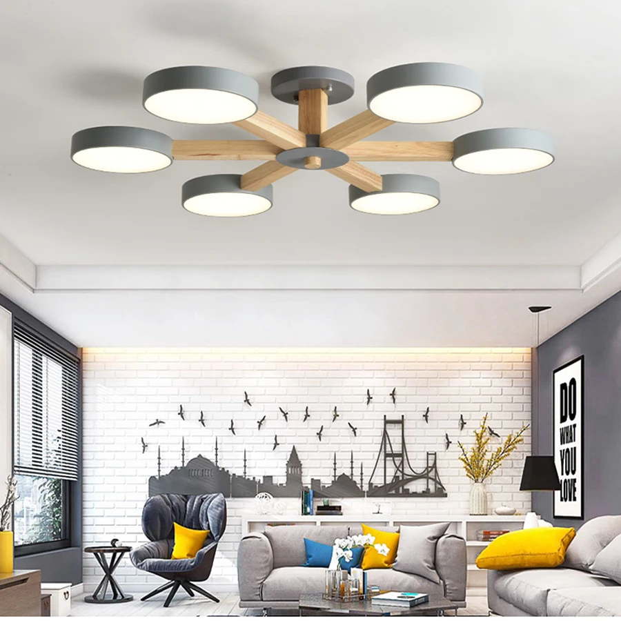 

220V 110V Ceiling Chandelier For Living Room Modern Colorful Round Lustre Wooden Bedroom Lights Surface Mounted Chandeliers