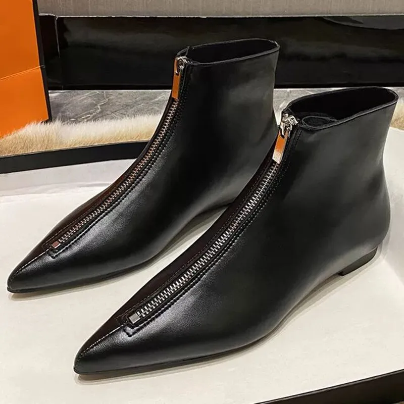 

Size 34-41 New Flats Sexy Women Pointed Toe Ankle Boots British Woman Footwear Female Shoes Wedge Boots New Zipper Design Boots