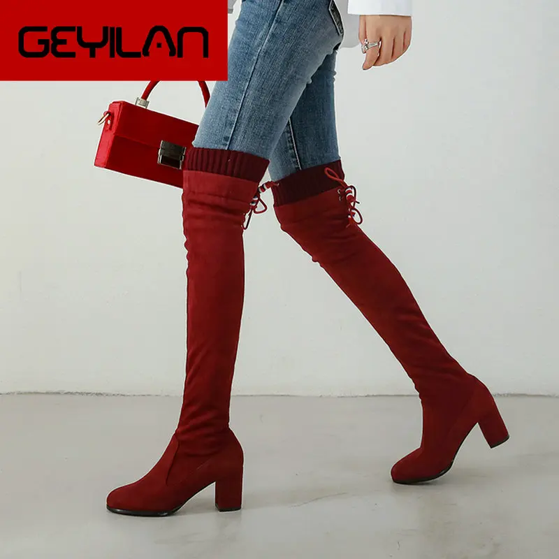

2019 New Women Boots Winter Warm Plush Over The Knee Boots Flock Square High Heel Long Boots Fashion Stretch Thigh Boots Shoes