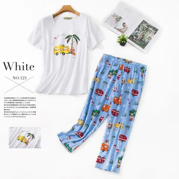 

Ladies Cotton Pajamas Suits 2020 Spring And Summer Heavy Women Pajamas Short-Sleeved Calf-Length Trousers Home Service Пижам