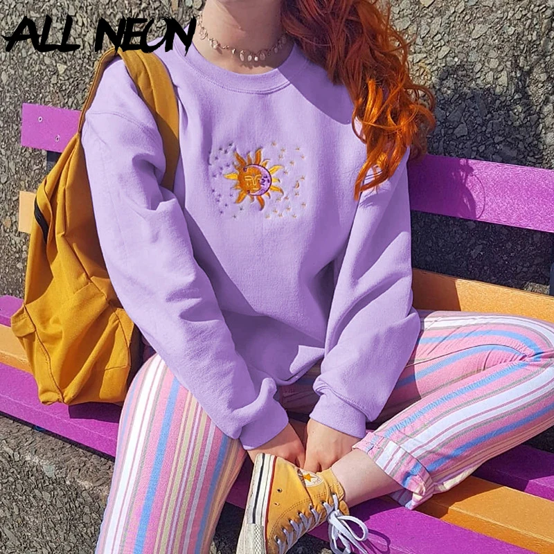 

ALLNeon E girl Sweet Sun and Moon Graphic Embroidery Oversized Tops Y2K Fashion O-neck Long Sleeve Sweatshirt Streetwear Autumn