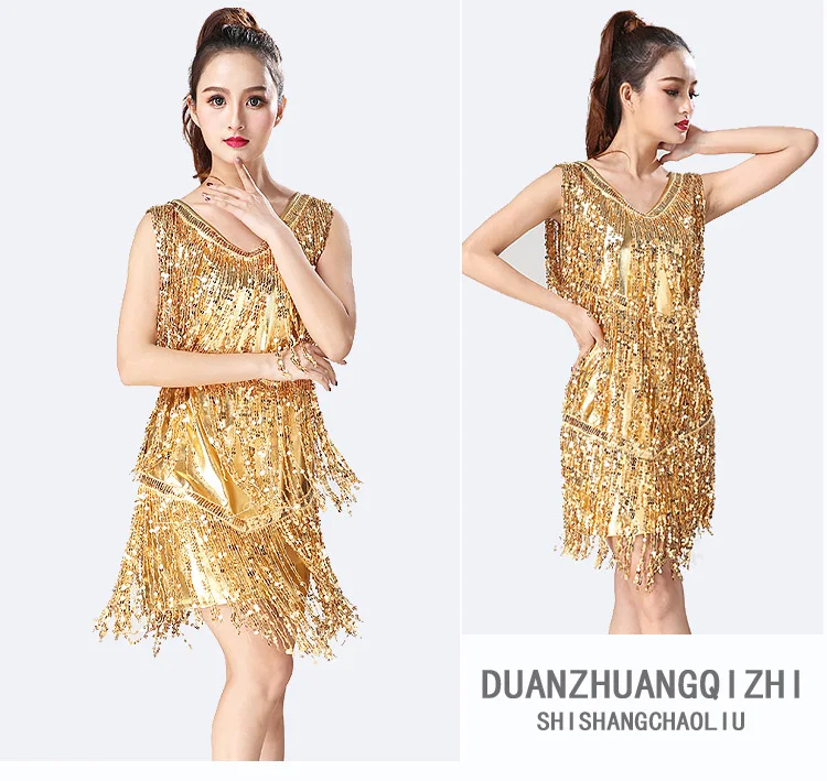 Women Ladies V Neck Sleeveless Sparkling Sequin Tassels Fringe Ballroom Samba Tango Stage Latin Dance Dress Rave Costume