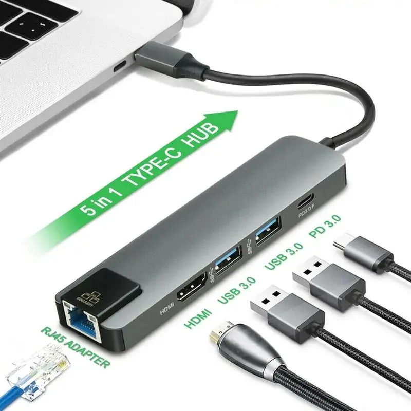 5 в 1 концентратор USB Type C Hdmi 4K USB C концентратор для Gigabit Ethernet Rj45 Lan адаптер для book Pro Thunderbolt 3 USB-C порт зарядного устройства