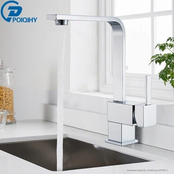 

POIQIHY Chrome Swivel Kitchen Sinks Faucet 360 Degree Rotating Kitchen Mixer Tap Square Deck Mount Kitchen Cold Hot Water Faucet