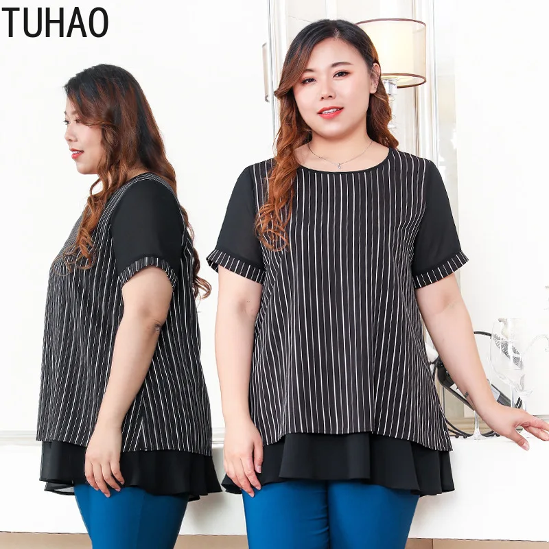 TUHAO Vintage Elegant Chiffon Striped Blouse 10XL 8XL 6XL Oversized