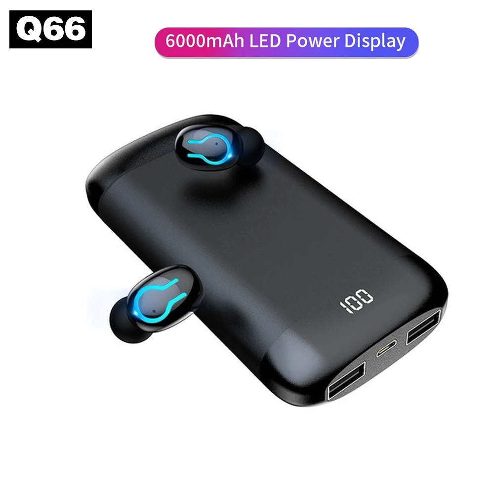 Черный Q66 Bluetooth наушники HD стерео двойной микрофон беспроводные V5.0 наушники спортивная водонепроницаемая гарнитура с 6000 мАч зарядным устройством - Цвет: Черный